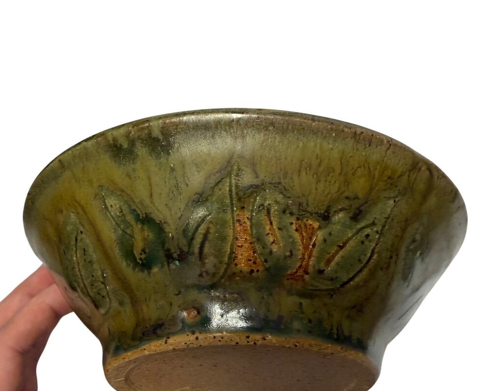 VTG Signed Studio Pottery Bowl Olive Green Glaze Incised Leaf Cottagecore